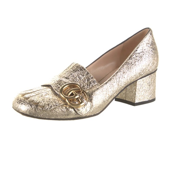 GUCCI Marmont Gold Mid Heel Loafer Fringe Metallic GG Logo - Picture 1 of 16